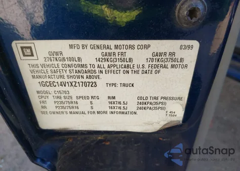 1999 Chevrolet Silverado 1500 Ls from USA, damaged, VIN 1GCEC14V1XZ170723